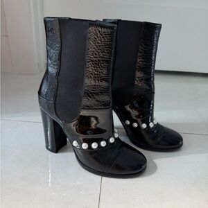 CHANEL Black Patent & Leather Pearl-Trim Block Heel Boots size 5